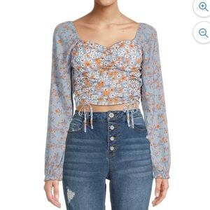 Madden NYC blue shirred crop floral peasant top